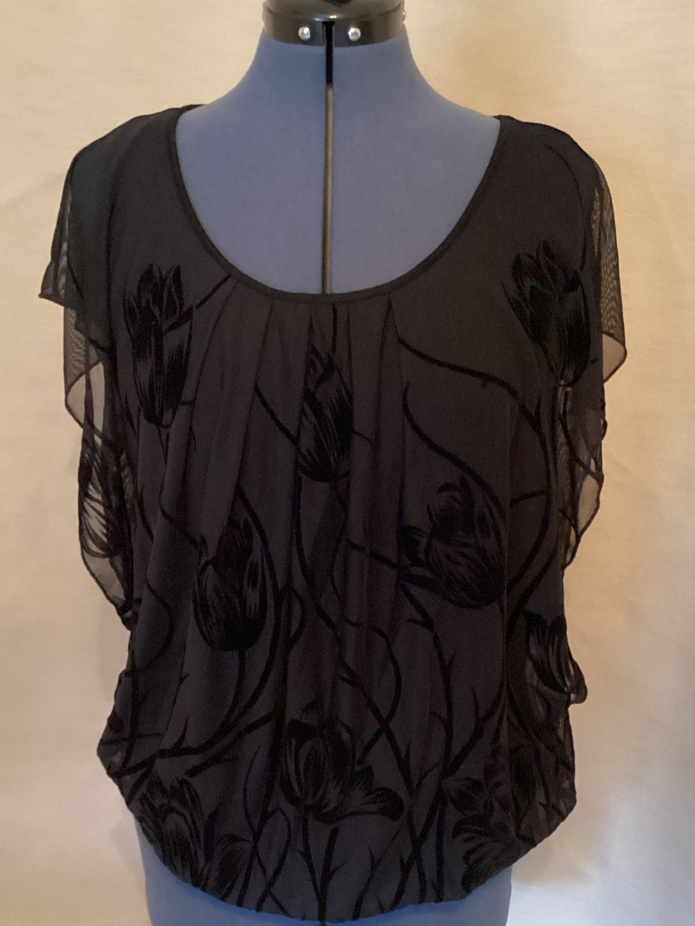 Black Sheer Floral Velvet-Print Women's Blouse